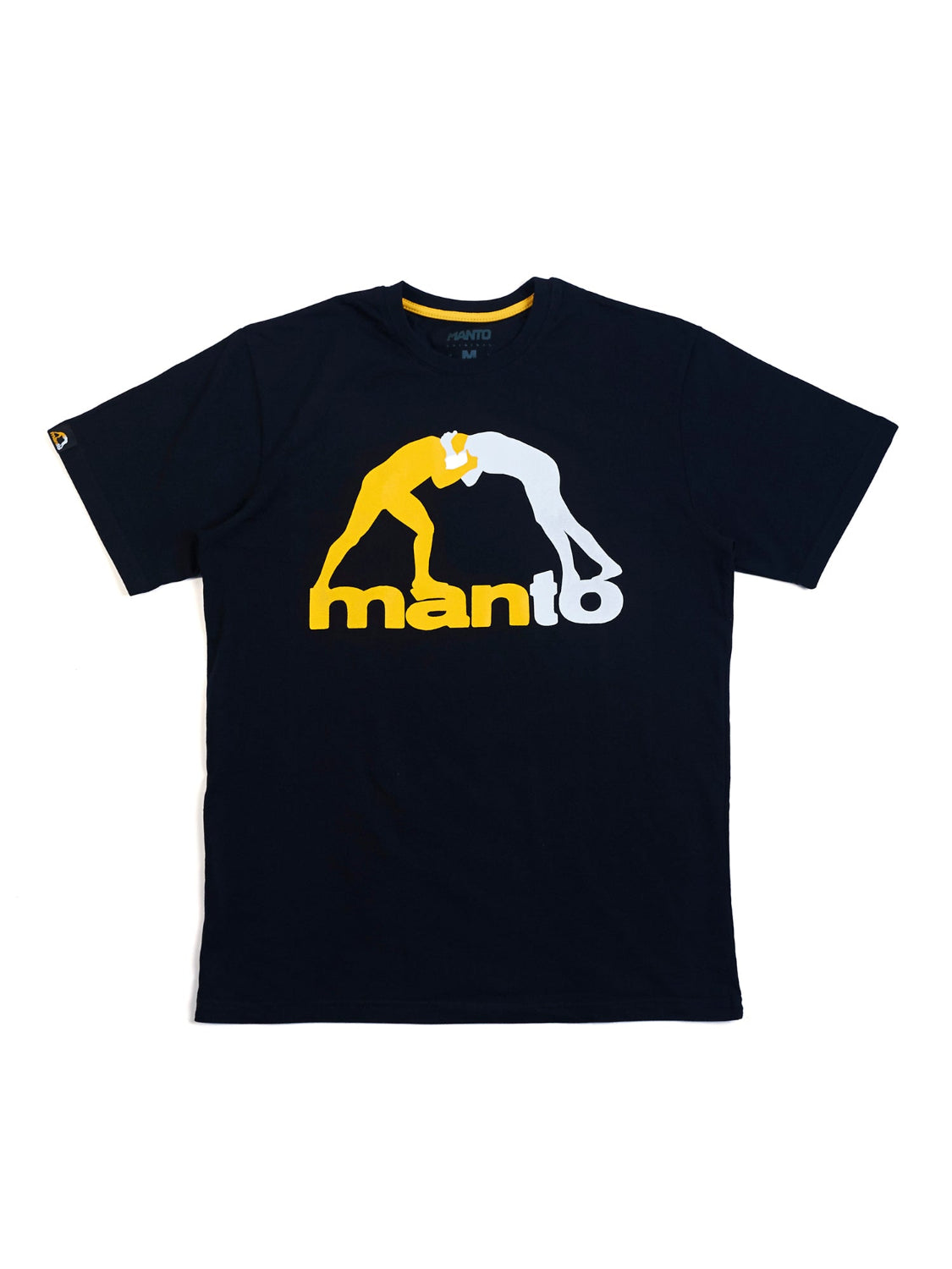 Manto t-shirt with a yellow and white logo on a white background